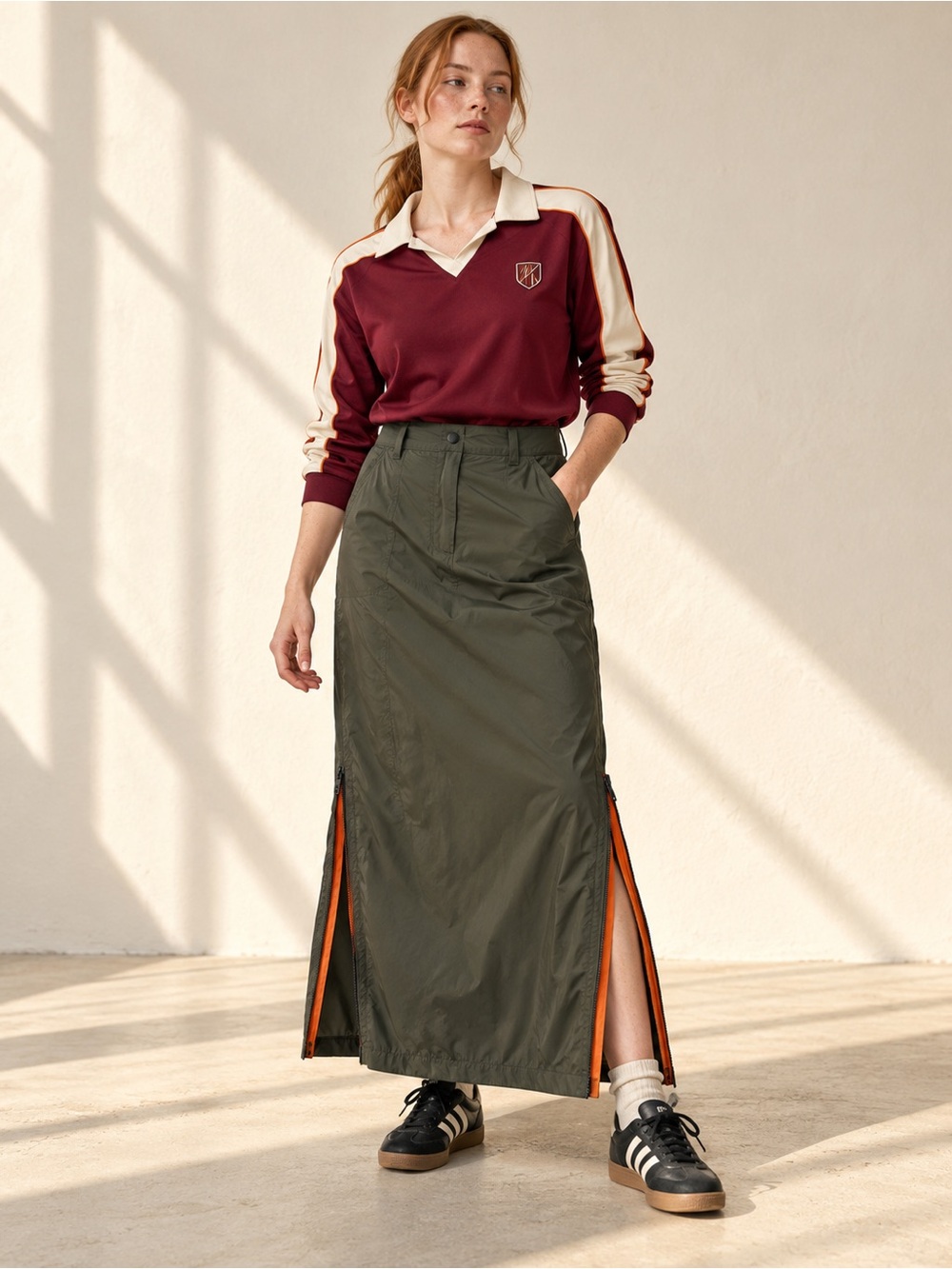 Vintage Y2K Olive Utility Maxi Skirt Orange Zip Side Slits Cargo Pockets Sz 22